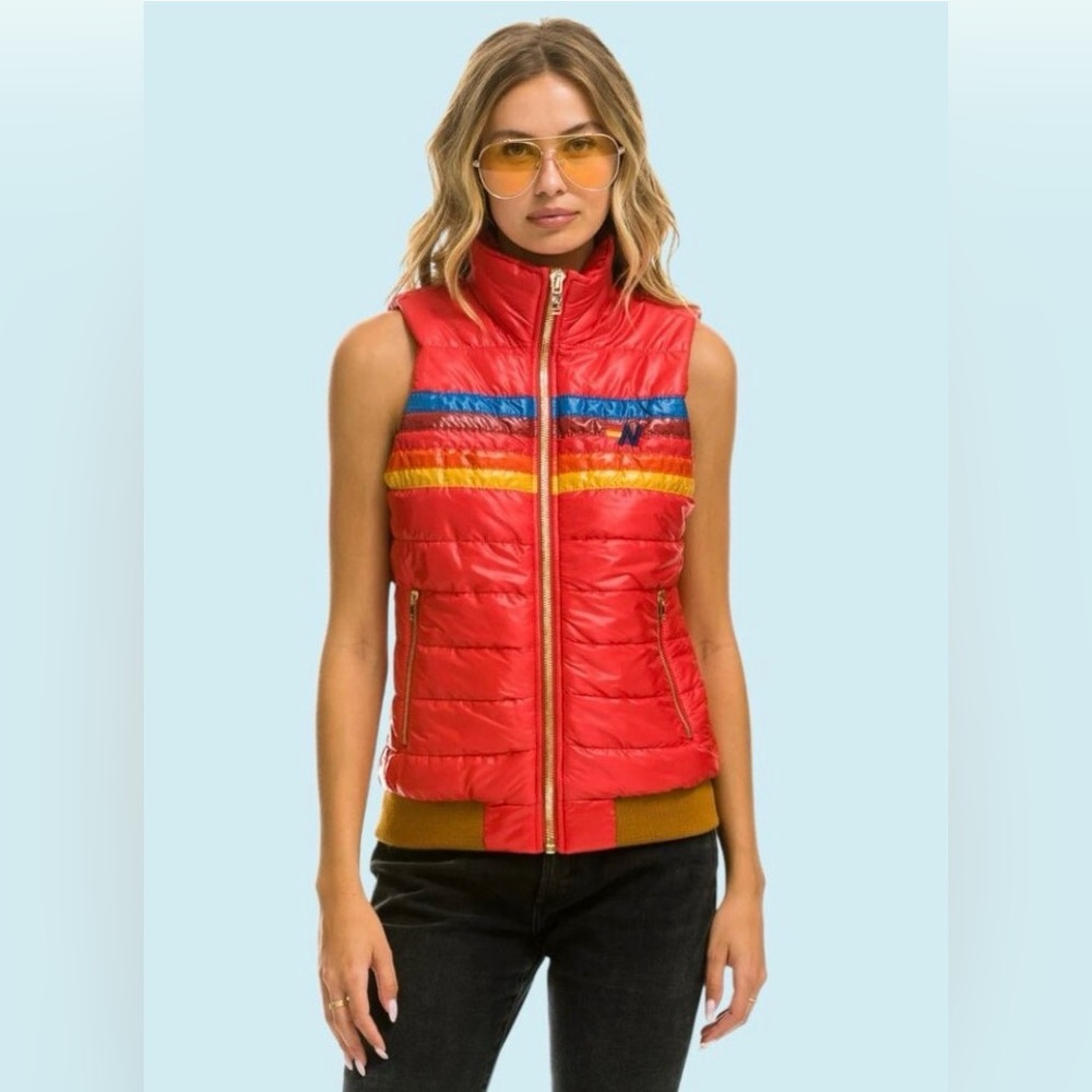 Aviator Nation 5 Stripe Puffer Vest Glossy Red Cherry xs